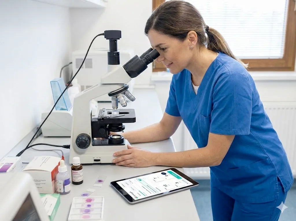 Illustrative image of a veterinary professional working at a microscope