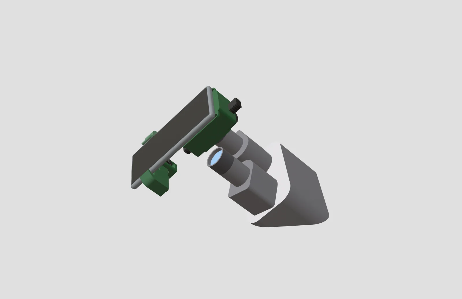 Universal smartphone adapter mounted on a microscope with a phone held above the eyepiece
